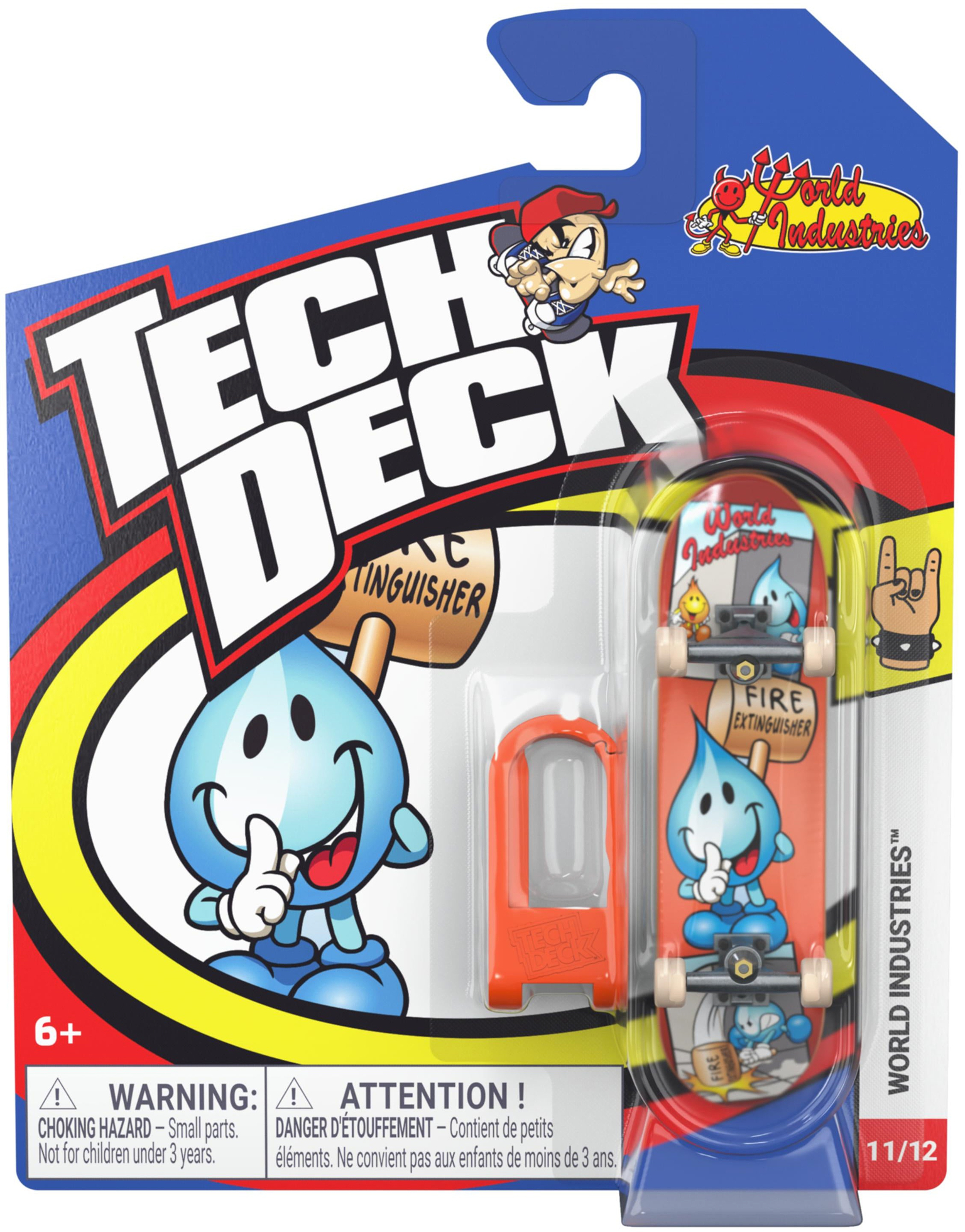 Tech Deck 96mm M61 Fingerboard featuring a blue water droplet graphic, packaged with a small orange plastic tool on a branded backing card.
