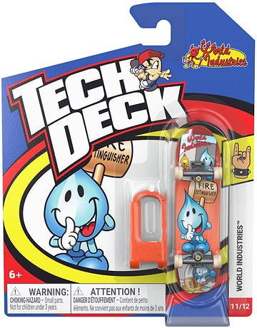 Tech Deck 96mm M61 Fingerboard featuring a blue water droplet graphic, packaged with a small orange plastic tool on a branded backing card.