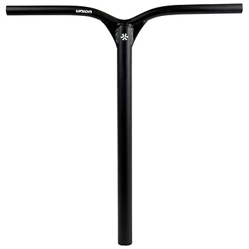 The Union Classic Aluminium Oversized IHC Stunt Scooter Bar in black (560mm x 530mm) features a Y-shaped design, "UNION" printed in white near the top left, and a small white logo below the crossbar on a plain white background.