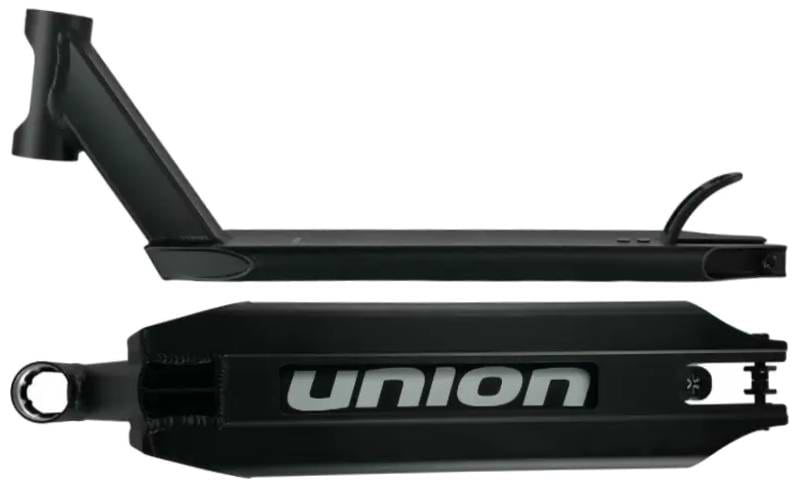The Union Classic Pro Black Stunt Scooter Deck - 5" by Union is shown from the side and bottom; the underside features "union" in bold white letters. Lightweight and made for park riders, it includes a headtube and rear wheel cutout.