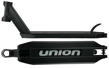 The Union Classic Pro Black Stunt Scooter Deck - 5" by Union is shown from the side and bottom; the underside features "union" in bold white letters. Lightweight and made for park riders, it includes a headtube and rear wheel cutout.