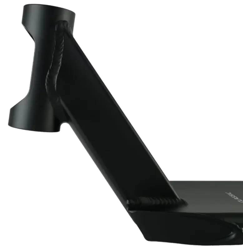 Close-up of the Union Classic Pro Black Stunt Scooter Deck - 5" by Union, featuring a lightweight build, visible welds, and an angled neck—ideal for park riders perfecting their tricks.