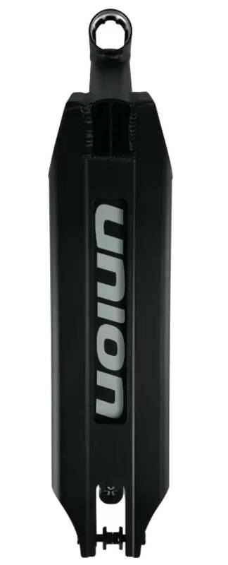 The Union Classic Pro Black Stunt Scooter Deck - 5” features a sleek, modern black design with a bold vertical white "Union" logo on the side and mounting points at the bottom, reminiscent of lightweight pro scooter decks.