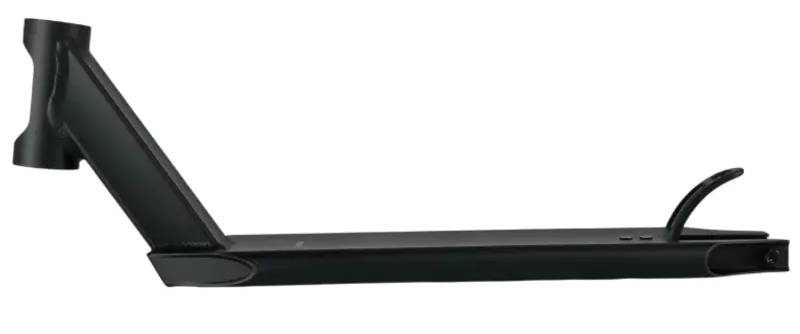 The Union Classic Pro Black Stunt Scooter Deck - 5" by Union is shown from the side, with the headtube left and curved brake right on a white background—perfect for park riders wanting a lightweight scooter deck.
