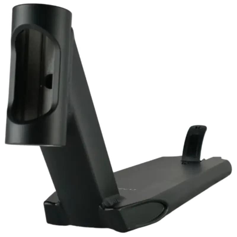 The Union Classic Pro Black Stunt Scooter Deck - 5" by Union is a rectangular, lightweight deck with an angled neck and headtube, sturdy surface, and rear brake—perfect for park riders seeking smooth rides and performing tricks.