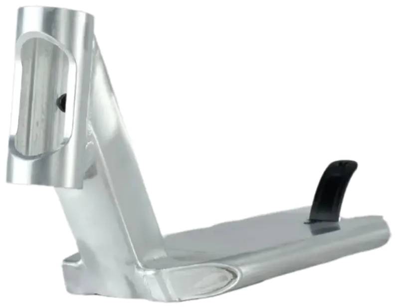 The Union Classic Pro Silver Stunt Scooter Deck - 5" by Union is a lightweight park deck in silver with an angled neck and black rear brake, shown against a white background.