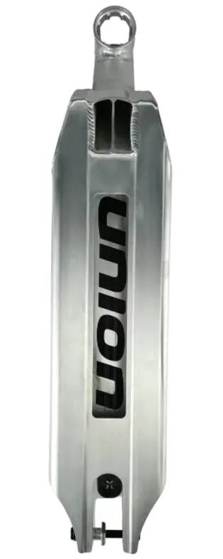 The Union Classic Pro Silver Stunt Scooter Deck - 5" by Union, seen from above, displays bold black "union" text down the center and a circular cutout near the rear.