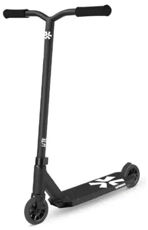 The Union Lite Complete Stunt Scooter by Union features a wide handlebar, black grips and wheels, and a deck with white graphics and "union" on the side—ideal for mastering tricks at the skatepark.