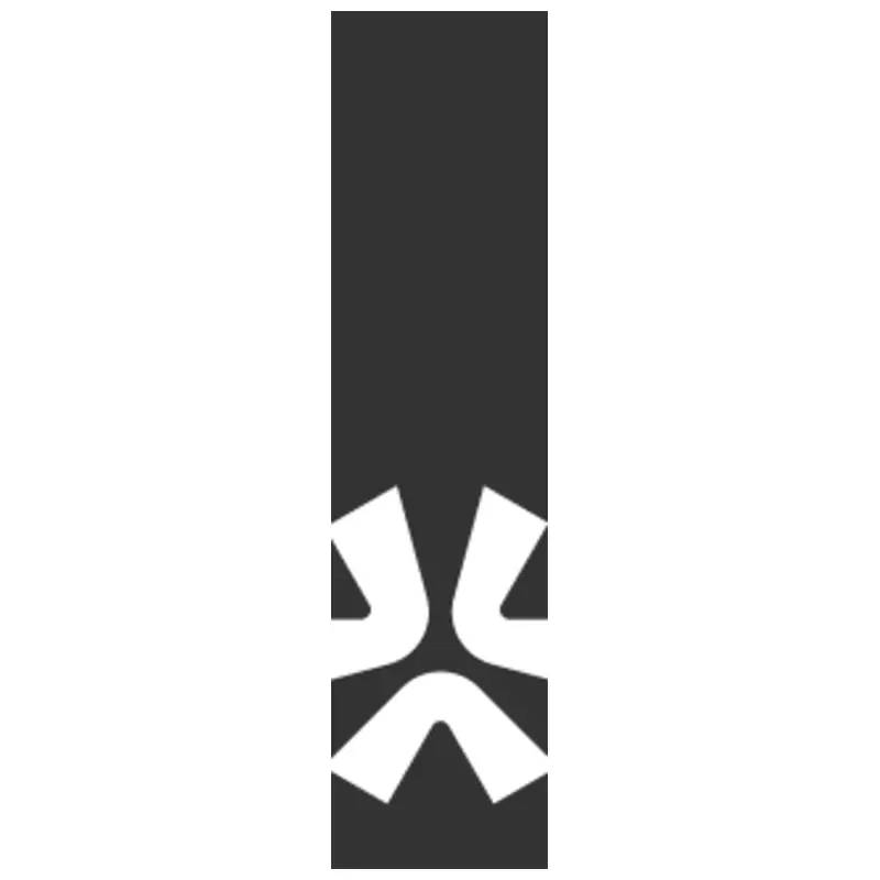 A vertical black rectangle with white geometric shapes near the bottom forms an abstract, frowning face—evoking the Union Lite Complete Stunt Scooter - Black by Union, on a white background.