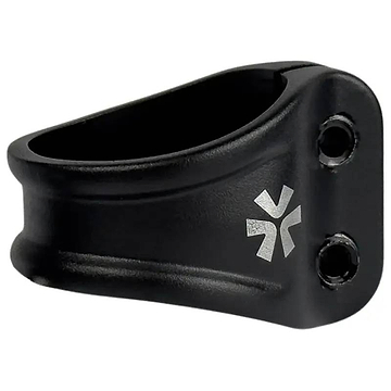 The Union Mono 2 Bolt Oversized Stunt Scooter Clamp by Union is a black clamp with two screw holes and a white geometric logo, designed for secure fitting on stunt scooters and compatible with HIC/IHC compression systems.