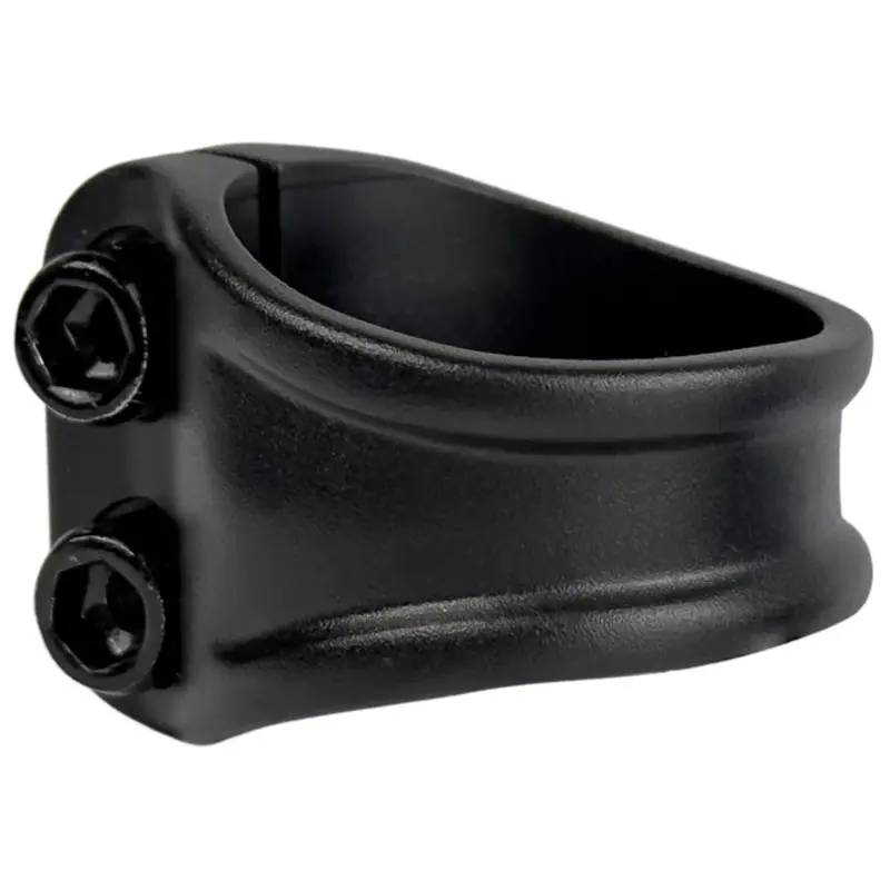 The Union Mono 2 Bolt Oversized Stunt Scooter Clamp by Union in black features two hex screws to secure scooter or bike parts. Its smooth, contoured design ensures a snug fit and is ideal for HIC and IHC compression systems.