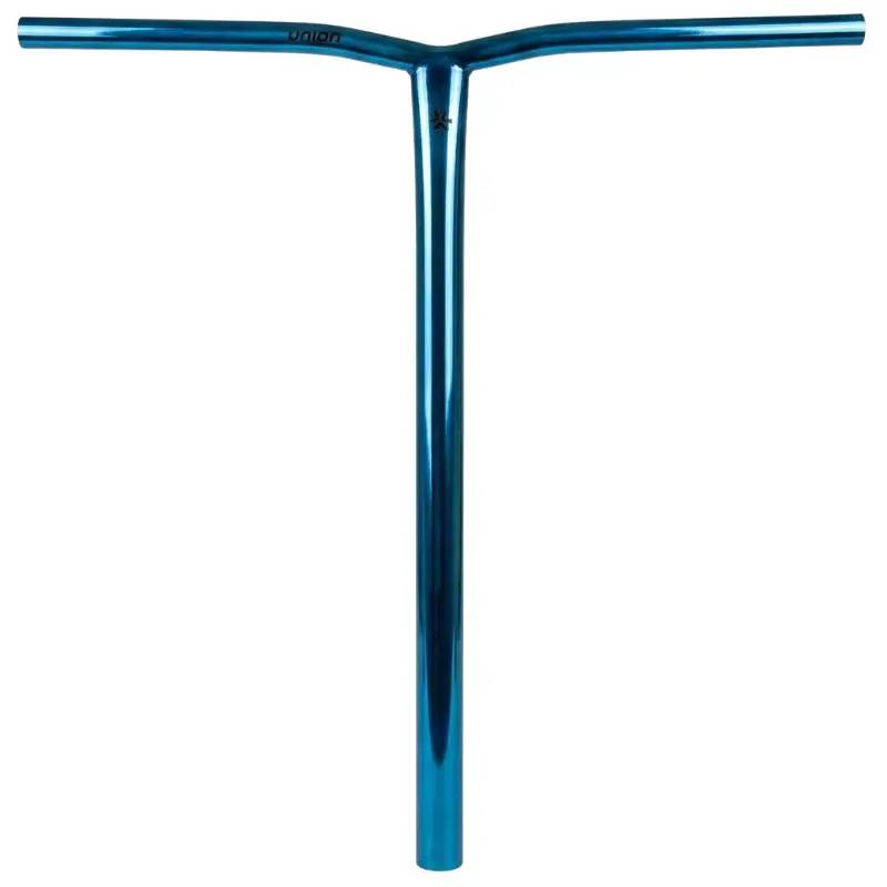 Union Uniq Bend Steel Oversized HIC Stunt Scooter Bar by Union, in chrome blue (600mm x 580mm), T-shaped and made of chromoly steel, shown from the front on a white background.