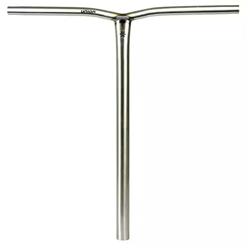 The Union Uniq Bend Steel Oversized HIC Stunt Scooter Bar in silver (580mm x 560mm) by Union features a T-shaped design with a central vertical stem and two horizontal bars, shown against a plain white background.