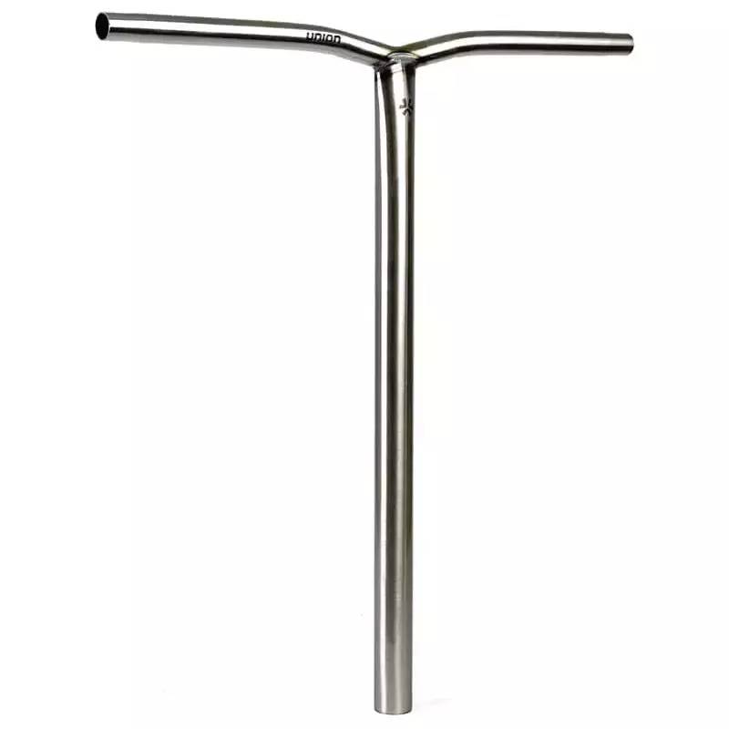 The Union Uniq Bend Steel Oversized HIC Stunt Scooter Bar, Silver 580mm x 560mm, stands upright with a Y-shaped design and matte finish—lightweight and ideal for HIC stunt scooter riders.