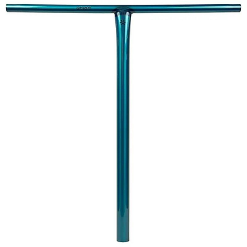 The Union Uniq T Steel Oversized HIC Stunt Scooter Bar in polished teal (600mm x 580mm) by Union features a glossy finish, straight grips, and a durable chromoly steel T-shape—perfect for riders seeking style and strength.