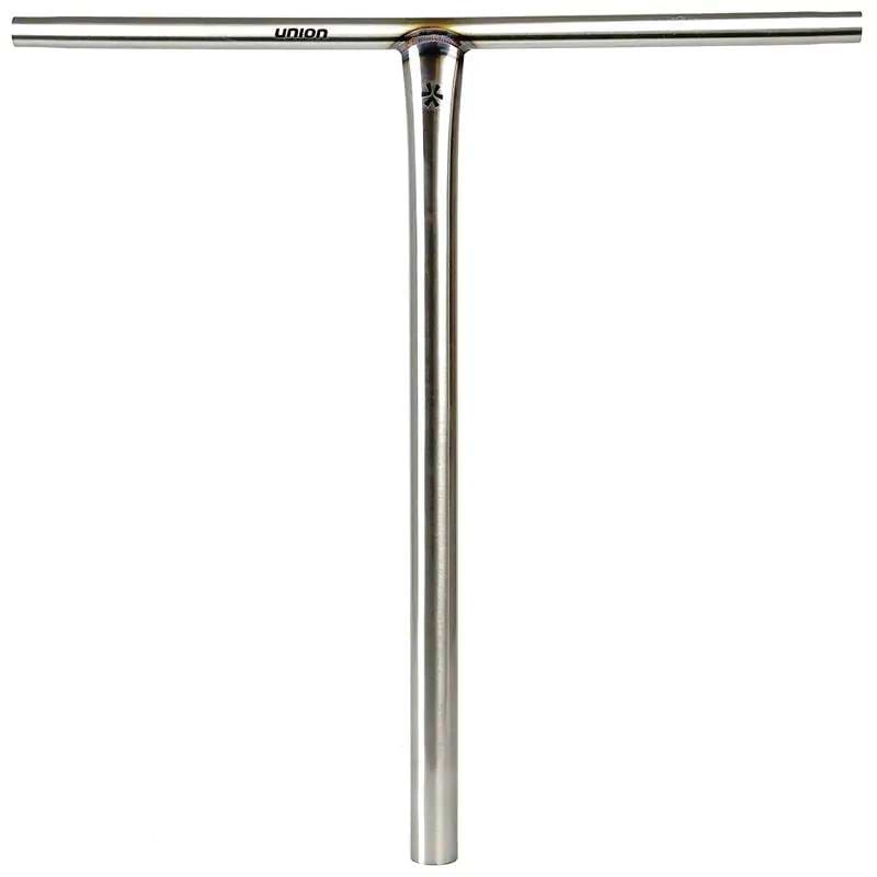 The Union Uniq T Steel Oversized HIC Stunt Scooter Bar in silver (650mm x 600mm) features a T-shape with "UNION" printed near the top crossbar.
