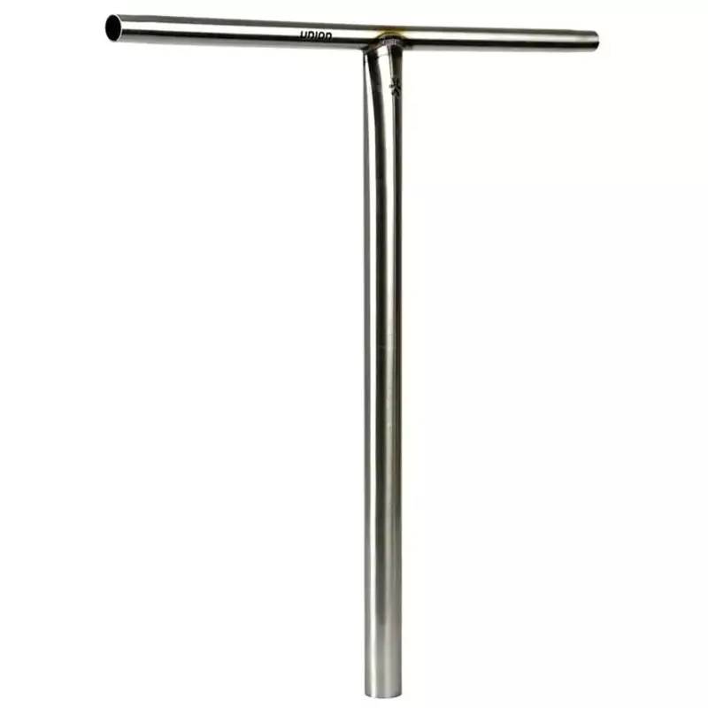 The Union Uniq T Steel Oversized HIC Stunt Scooter Bar by Union, in silver and sized 650mm x 600mm, features a polished chromoly T-shaped design with a vertical stem and horizontal top bar, shown against a plain white background.