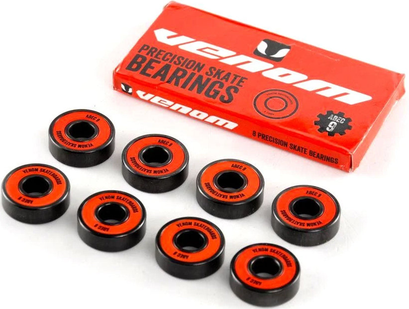 Eight Venom ABEC 9 Skateboard Bearings - 8 Pack with orange centers and black outer rings, displayed in front of their red retail box.