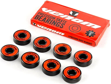 Eight Venom ABEC 9 Skateboard Bearings - 8 Pack with orange centers and black outer rings, displayed in front of their red retail box.