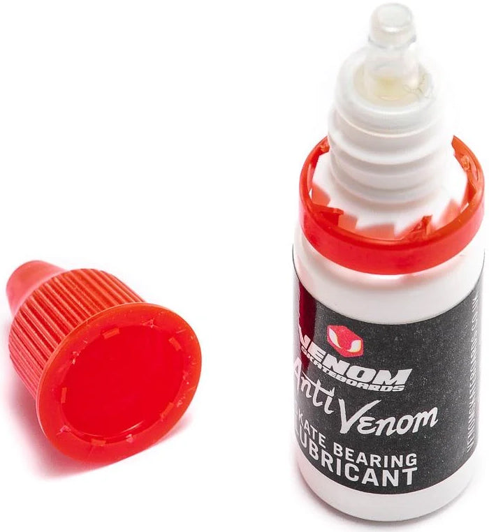 Venom AntiVenom Bearing Lube 10ml bottle with an open white nozzle and a detached red cap.