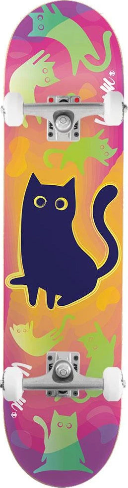 Venom Core Catnip Complete Skateboard 7.75″ x 31.75″ featuring a large dark blue cat illustration centered over a colorful background patterned with lime green and pink cat silhouettes on a maple deck.