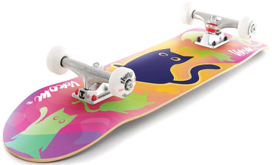 Venom Core Catnip Complete Skateboard - 7.75″ x 31.75″ featuring a colorful design of a large dark purple cat and smaller light green cats on a pink and orange maple deck.