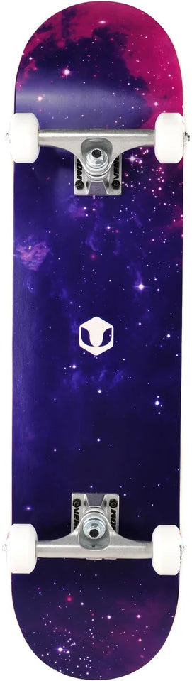 Venom Core Galaxy Complete Skateboard - 7.75″ x 31.75″ featuring a purple and pink nebula print, a white geometric logo in the center, and white wheels on silver trucks.