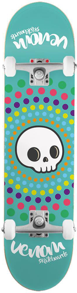 Venom Core Skull Spots Teal Complete Skateboard - 7.75″ x 31.75″ featuring a central cartoon skull surrounded by a radial pattern of multicolored dots and white wheels.