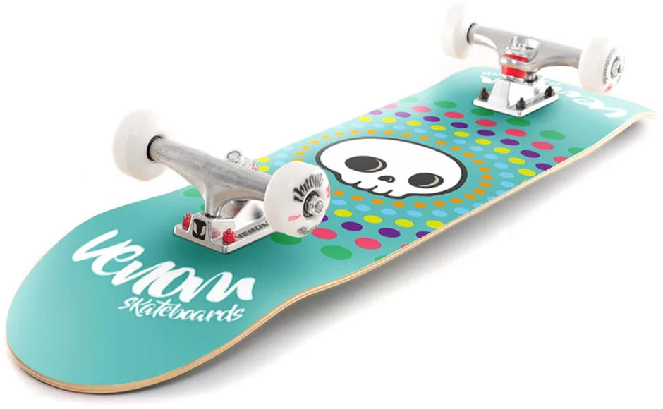 Venom Core Skull Spots Teal Complete Skateboard - 7.75″ x 31.75″ featuring a white cartoon skull graphic surrounded by colorful polka dots and white wheels.