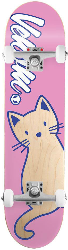 Venom Junior Cat Pink Kids Complete Skateboard - 7.25″ x 29″ featuring a large blue line-art illustration of a cat and a blue script logo, with silver trucks and white wheels.