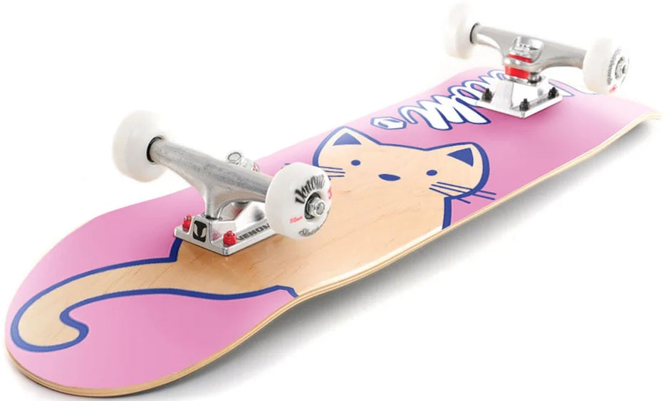 Venom Junior Cat Pink Kids Complete Skateboard 7.25″ x 29″ with a cartoon cat graphic on the deck and white wheels.