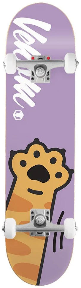 Venom Junior Kitty Paw Purple Kids Complete Skateboard 7.25″ x 29″ featuring a light purple deck with a cartoon orange cat paw graphic, silver trucks, and white wheels.
