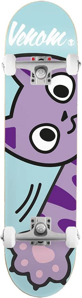 Venom Junior Kitty Swipe Blue Kids Complete Skateboard - 7.25″ x 29″ with a light blue deck featuring a cartoon purple cat and white wheels.