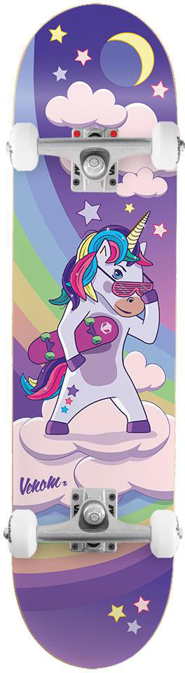 Venom Junior Unicorn Night Kids Complete Skateboard - 7.25″ x 29″ featuring a cartoon unicorn with a rainbow mane, sunglasses, and a small skateboard, set against a purple night sky with clouds, stars, a crescent moon, and a rainbow.