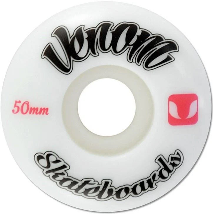Venom Logo 50mm 99A Skateboard Wheels in white, featuring black script branding, red “50mm” text, and a small pink icon.