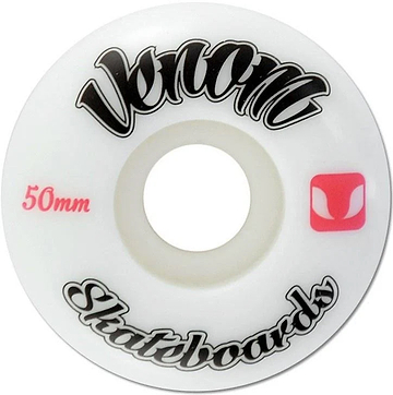 Venom Logo 50mm 99A Skateboard Wheels in white, featuring black script branding, red “50mm” text, and a small pink icon.