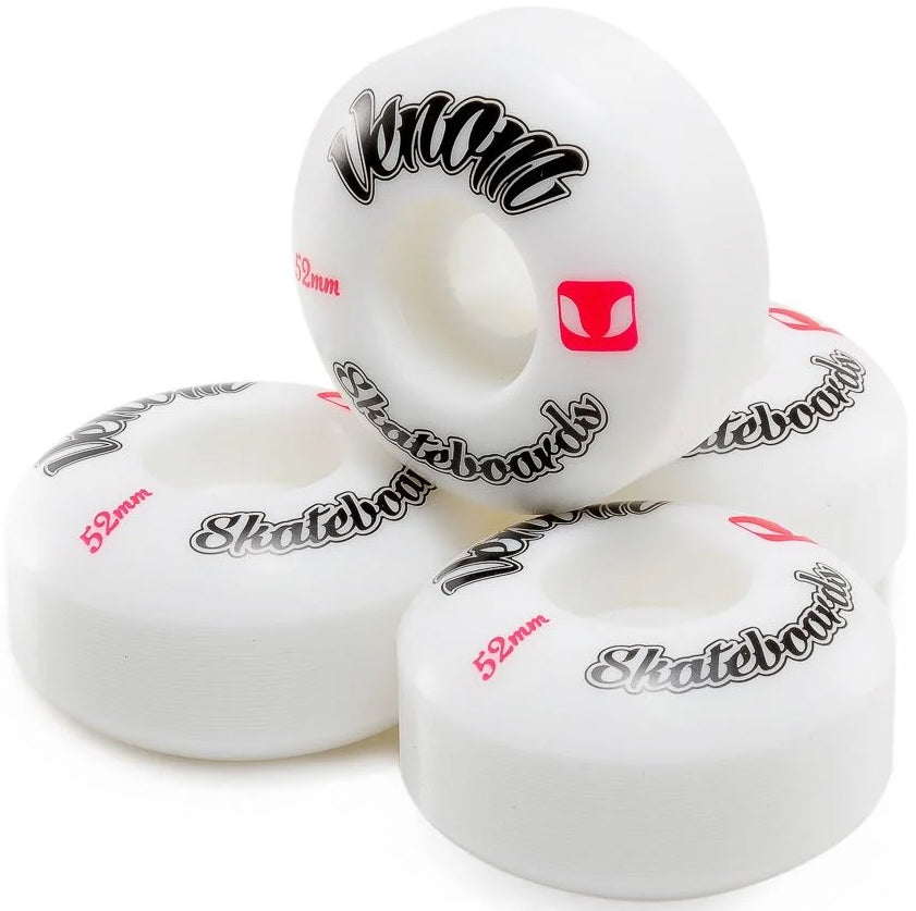 Four white Venom Logo 50mm 99A Skateboard Wheels - White featuring black and red Venom logo branding.