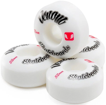 Four white Venom Logo 50mm 99A Skateboard Wheels - White featuring black and red Venom logo branding.