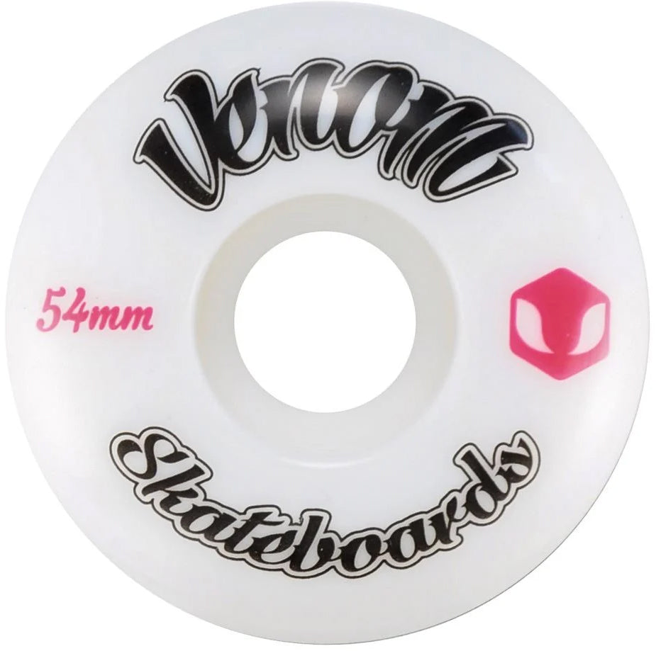 Venom Logo 54mm 99A Skateboard Wheels in white, featuring the brand name and a small pink hexagonal logo.
