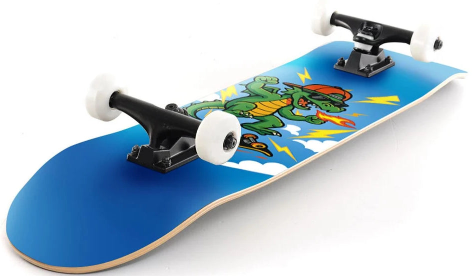 Venom My First Skateboard Dragon Blue Kids Complete Skateboard - 7.25″ x 29″ featuring a cartoon dragon wearing a baseball cap and sunglasses, with black trucks and white wheels.