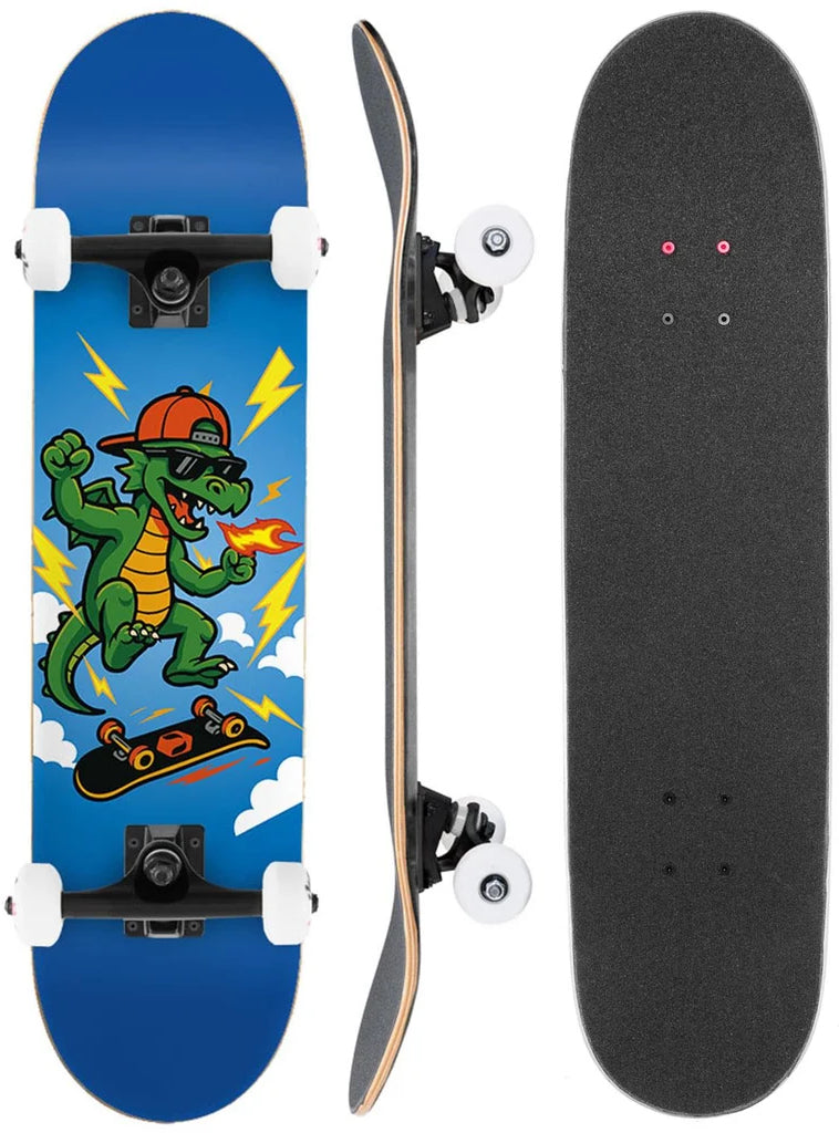 Three views of a Venom My First Skateboard Dragon Blue Kids Complete Skateboard: the top with black grip tape, the side profile showing the deck and trucks, and the underside featuring a cartoon dragon wearing a hat and sunglasses.