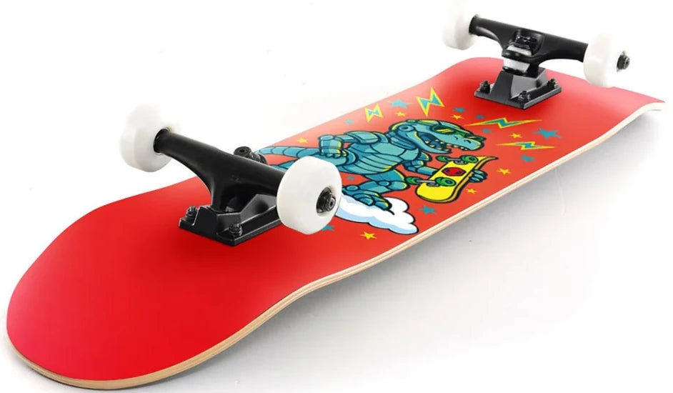 Venom My First Skateboard Robo Dino Red Kids Complete Skateboard - 7.25″ x 29″ with a graphic of a robotic dinosaur, white wheels, and black trucks.
