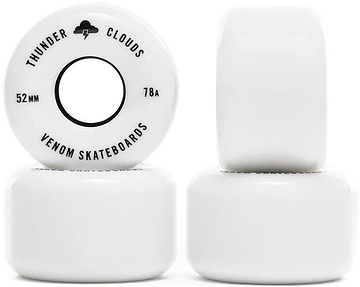 Four white Venom Thunder Clouds V2 52mm 78A Skateboard Wheels, with one wheel positioned to show the “Thunder Clouds” graphic.