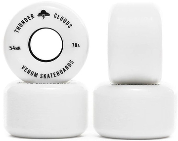 Three white Venom Thunder Clouds V2 54mm 78A Skateboard Wheels, with one shown from the side to display the black thundercloud graphic.