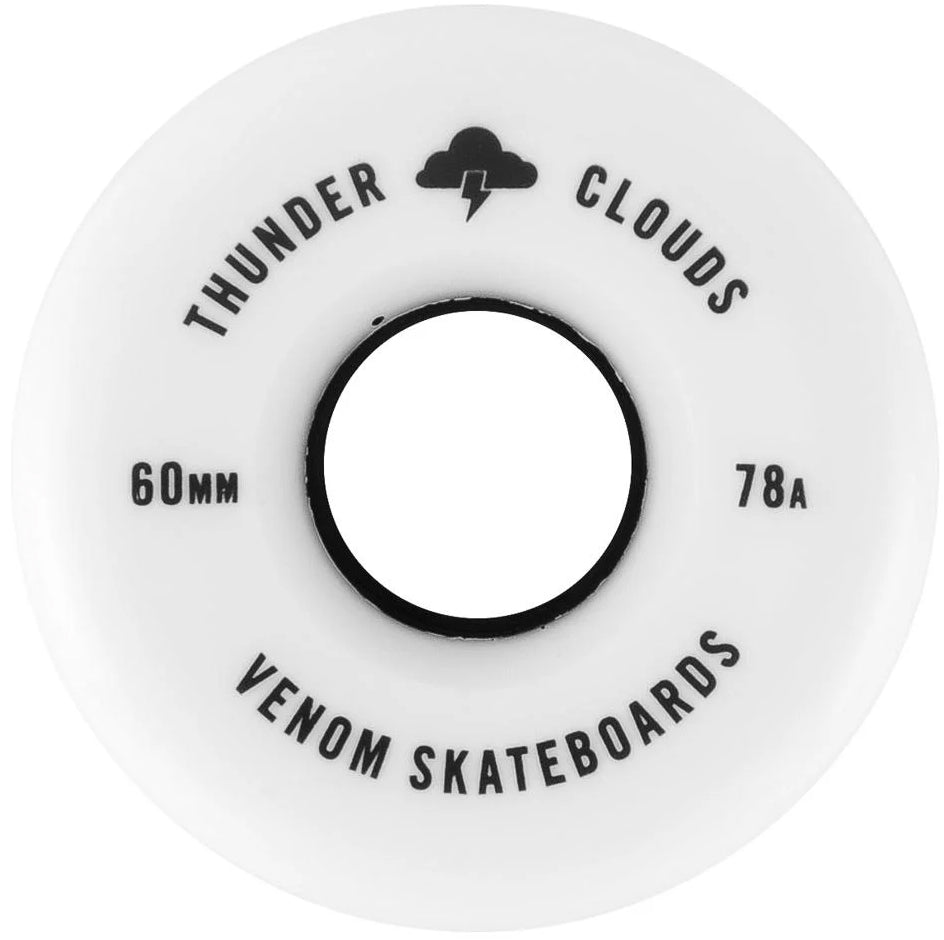 White Venom Thunder Clouds V2 60mm 78A Skateboard Wheels with “60mm”, “78A”, and “Venom Skateboards” printed on the side alongside a small lightning bolt icon.