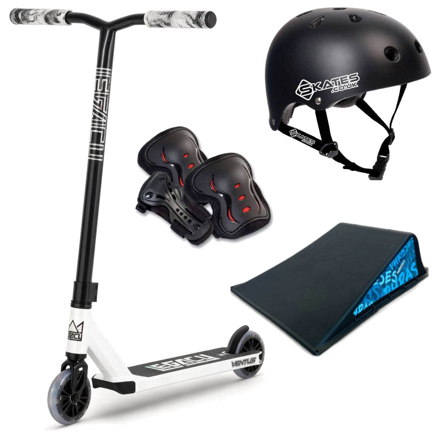 The Legacy Ventus White Glitter Stunt Scooter Starter Bundle by Legacy includes a black and white stunt scooter, black helmet, black and red knee/elbow pads, and a small black ramp for tricks.