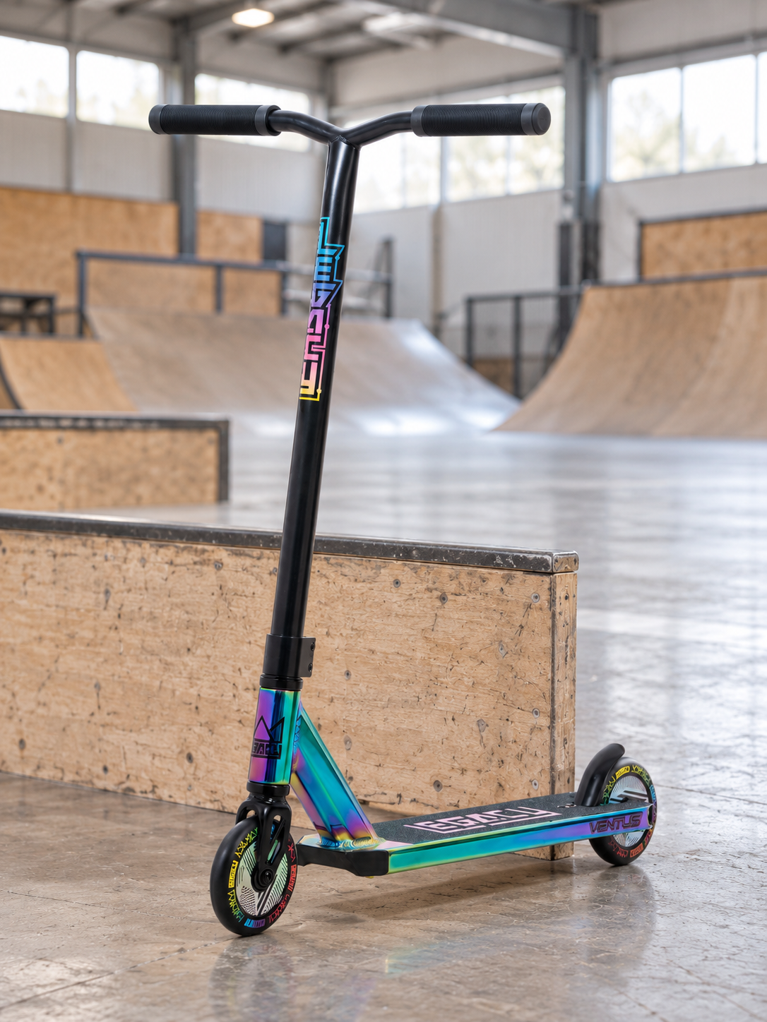 A Legacy 1.5 Pro Ventus Complete Stunt Scooter in Rainbow Neochrome with black handlebars stands in an indoor skatepark, its striking design showcasing the Legacy brand amid wooden ramps and streams of natural light.