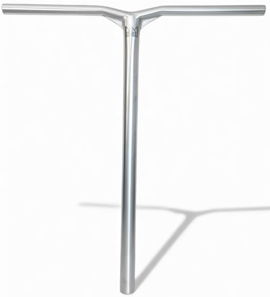 The Legacy Gusset Titanium Oversized HIC Stunt Scooter Y-Bars in Chrome (660mm x 600mm) stand upright against a plain white background, their silver finish casting a faint shadow to the right.