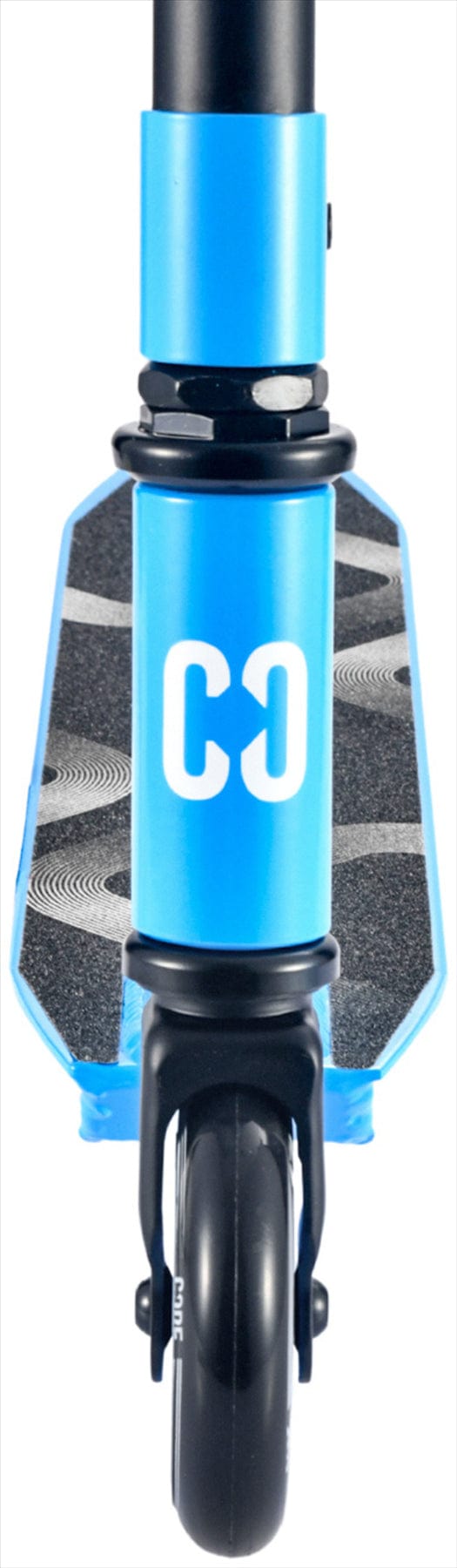 Close-up front view of the CORE CA1 Beginner Complete Stunt Scooter in blue by CORE, showing its single front wheel, "CO" on the stem, and textured grip—perfect as a starter stunt scooter for kids.
