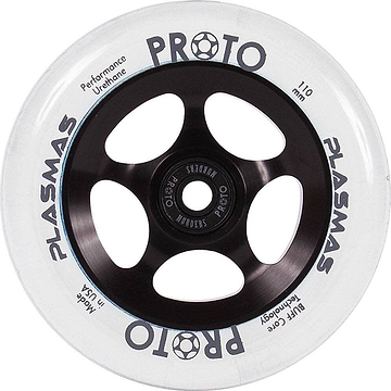 The Proto Plasma 110mm stunt scooter wheel in clear and black showcases a 110 mm diameter. Featuring BUFF Core Technology and an Alien urethane formula, these wheels are designed with five circular cutouts and distinctive blue text along the edge, combining style with exceptional performance.